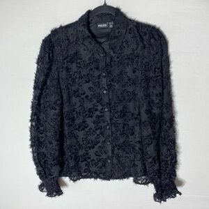 Pieces Black Fuzzy Textured Button Up Blouse L